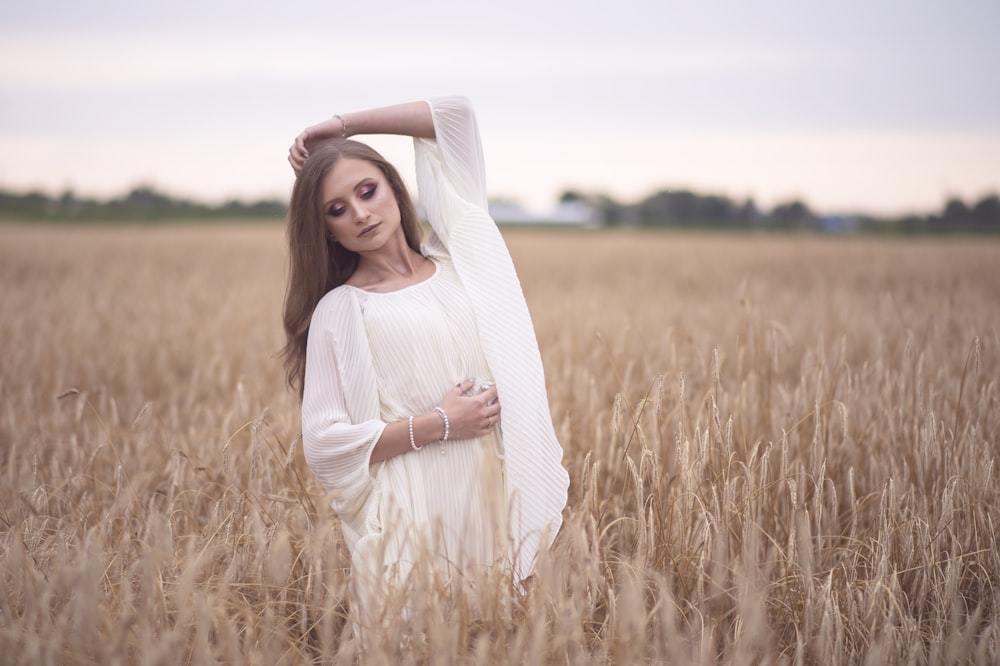 women's white crew-neck long-sleeved dress