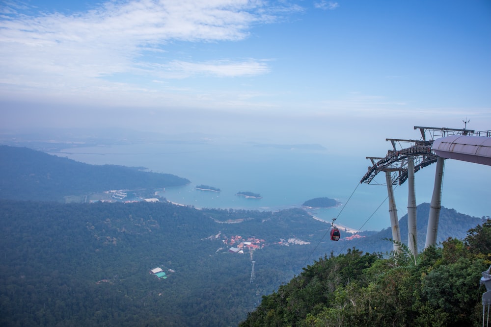 bird's eye view of a cable car and beach