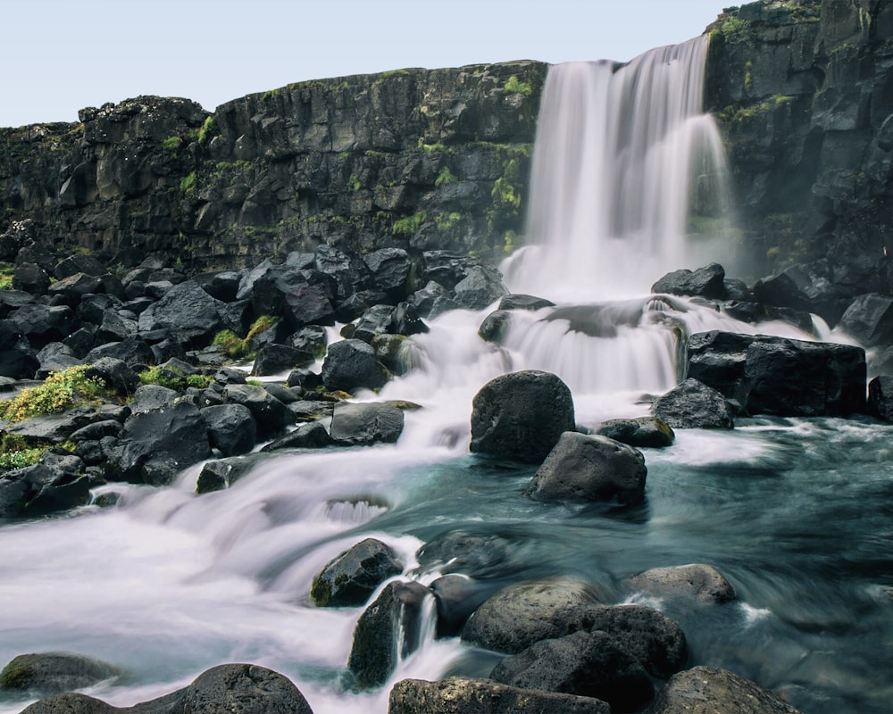 waterfalls flowing on rocks