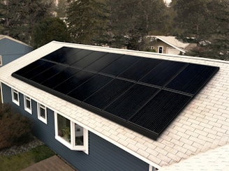 A set of black solar panels installed on the roof of a blue house with white window frames. The rooftop is covered with light gray shingles. The background includes several trees and another house in the distance.