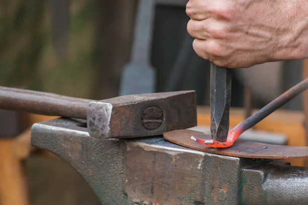 Workshop instructor demonstrating metalworking techniques to attentive students.
