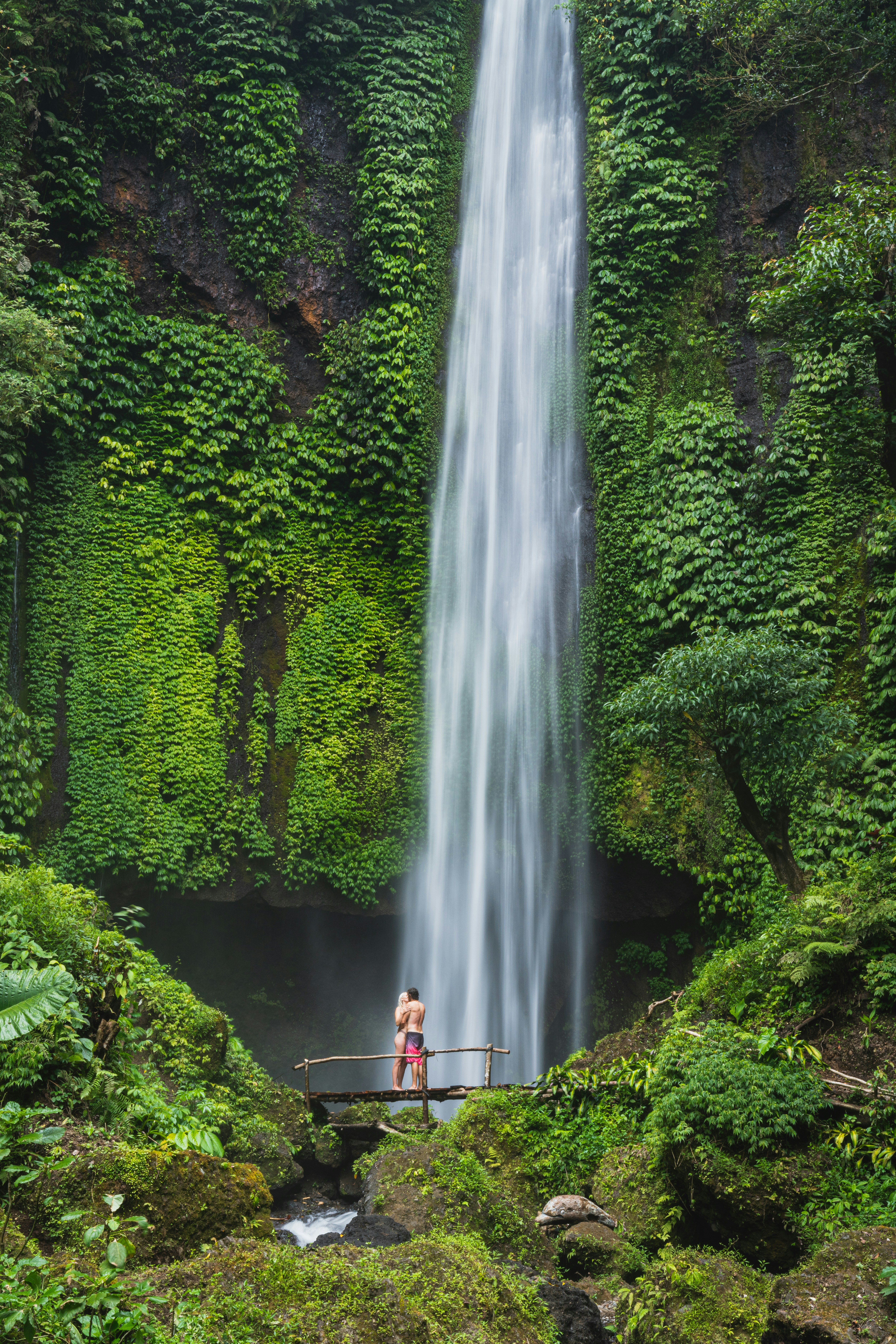man and woman standing under waterfall surrounded by trees photo Free