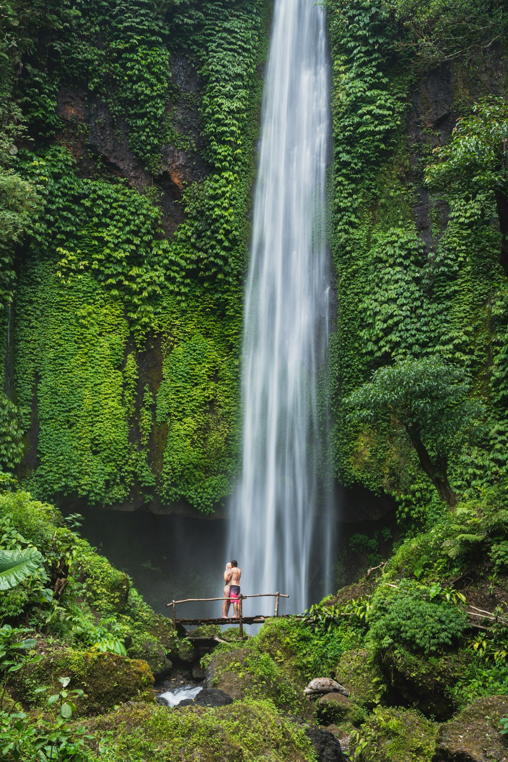 man and woman standing under waterfall surrounded by trees