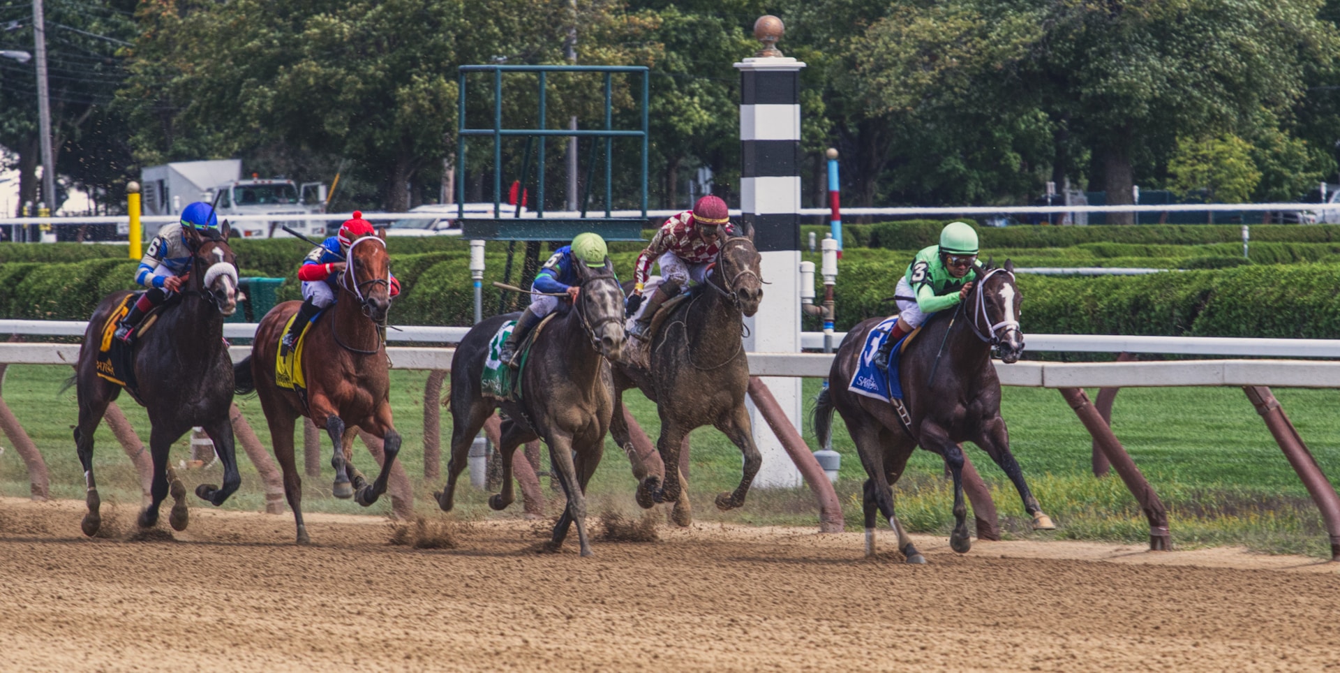 Five jockeys in colorful uniforms race horses around a dirt track with trees and stadium barriers in the background. The scene is dynamic, with dust rising from the ground as the horses gallop.