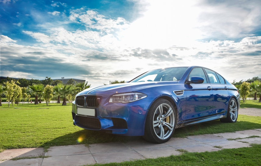 A sparkling clean car parked in a lush green environment.