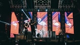 A band performing on stage with large displays in the background showing stylized flamingo graphics. Bright stage lights illuminate the performers, and various musical instruments are visible, including a guitar and drum set. The atmosphere appears festive with an energetic vibe.