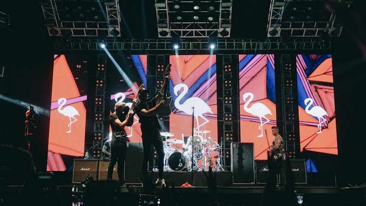 A band performing on stage with large displays in the background showing stylized flamingo graphics. Bright stage lights illuminate the performers, and various musical instruments are visible, including a guitar and drum set. The atmosphere appears festive with an energetic vibe.