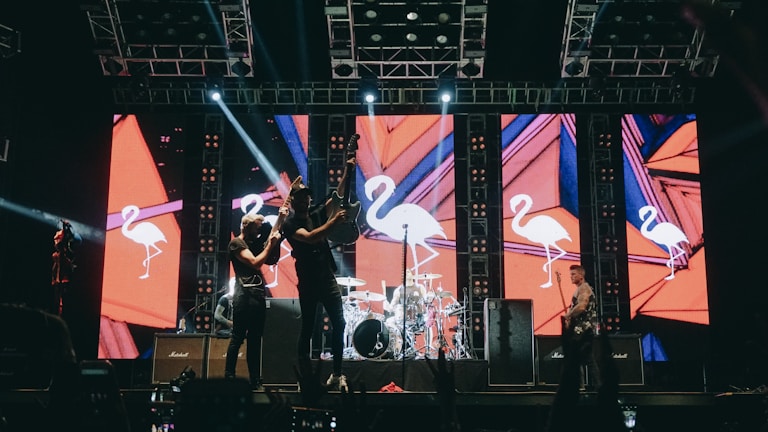 A band performing on stage with large displays in the background showing stylized flamingo graphics. Bright stage lights illuminate the performers, and various musical instruments are visible, including a guitar and drum set. The atmosphere appears festive with an energetic vibe.