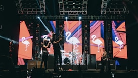A band performing on stage with large displays in the background showing stylized flamingo graphics. Bright stage lights illuminate the performers, and various musical instruments are visible, including a guitar and drum set. The atmosphere appears festive with an energetic vibe.