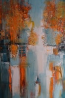 An abstract painting featuring vibrant, blurred splashes of orange and teal. The composition suggests a landscape with trees reflected on water, creating a symmetrical effect. The brush strokes are bold and textured, with areas of light creating contrast against darker tones.