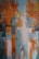 An abstract painting featuring vibrant, blurred splashes of orange and teal. The composition suggests a landscape with trees reflected on water, creating a symmetrical effect. The brush strokes are bold and textured, with areas of light creating contrast against darker tones.
