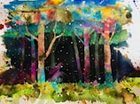An abstract interpretation of a tranquil forest scene in vibrant colors.