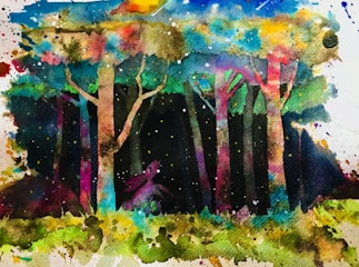A vibrant, abstract painting of a forest scene with tall trees. The trees display an array of bright colors, including reds, greens, blues, and yellows. Splashes of colors and paint drips are scattered around, adding to the whimsical feel. A small, indistinct animal figure is visible on the forest floor, surrounded by lush foliage. The sky above the trees is also richly colored, with hints of blending hues.