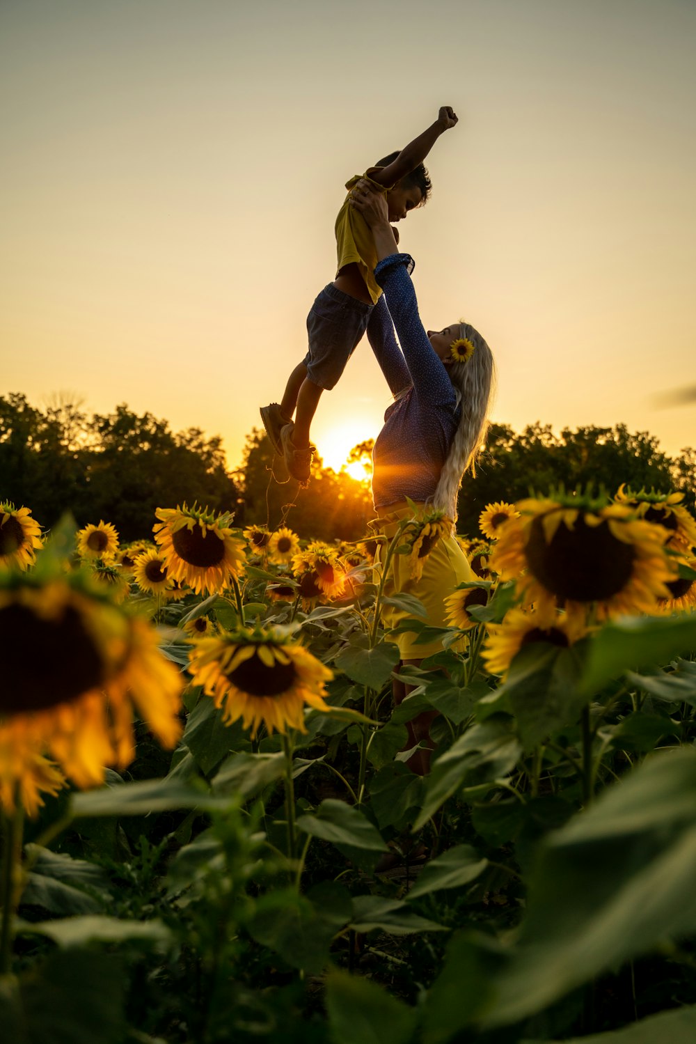 woman carrying child near sunflower field
