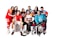 A diverse group of young people engaged in a community sports activity, smiling and having fun.