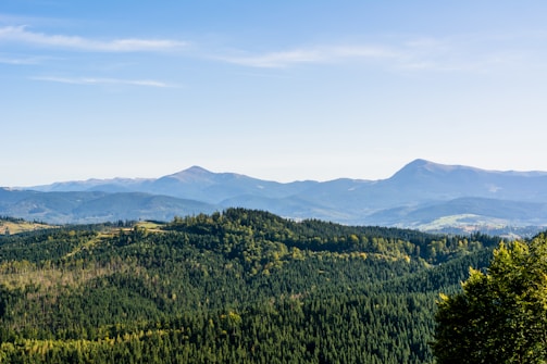 A panoramic view of a mountain trail winding through lush green forests under a clear sky.
