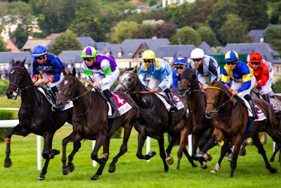 A vibrant horse race at Istanbul Veliefendi racecourse with jockeys in colorful silks.