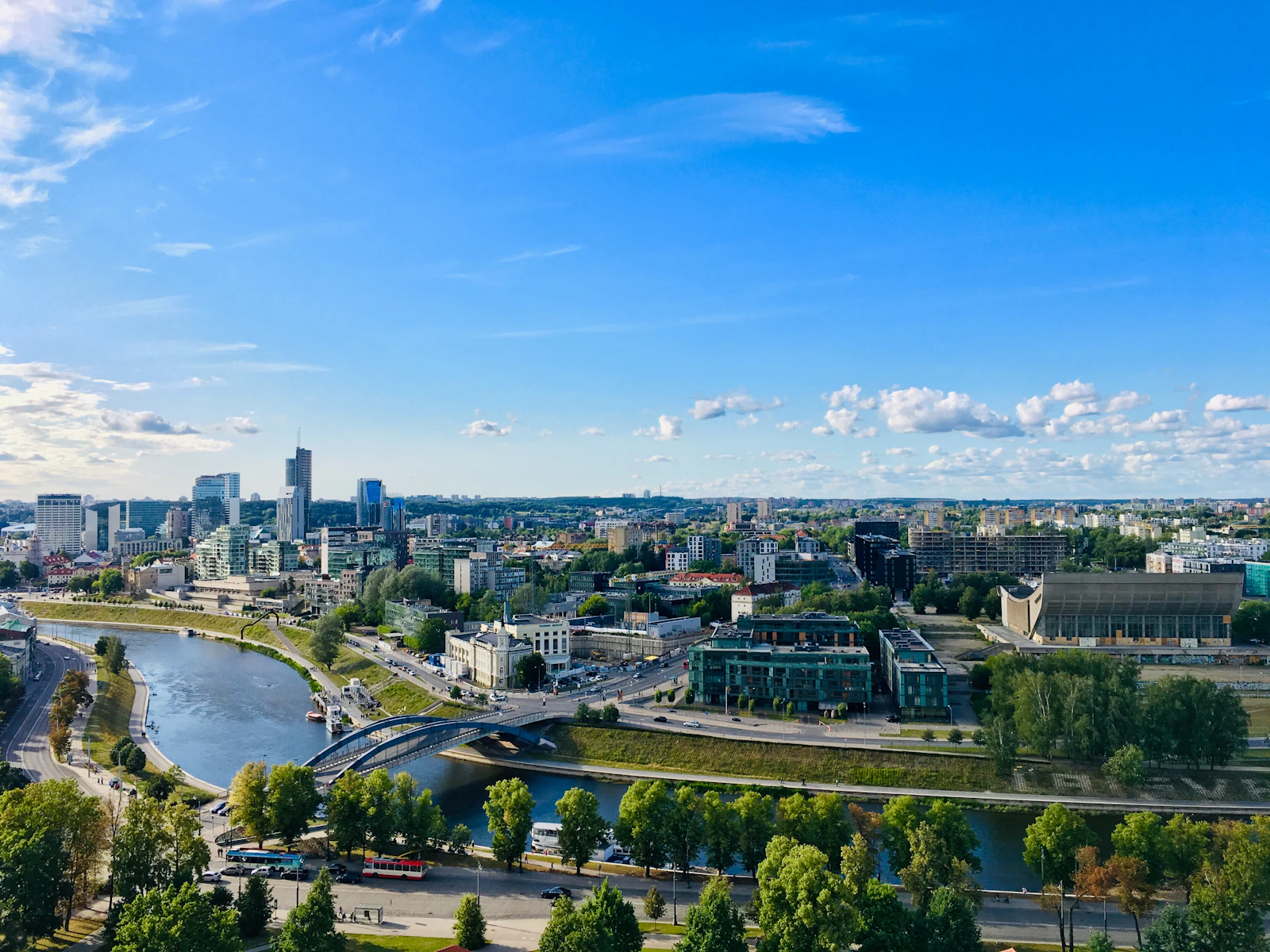 Vilnius from the river, the old town spires and the new towers beyond