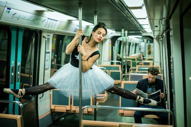 dance photography,how to photograph dancer in the parisian's subway @more pictures instagram @fabecollage ; woman inside train