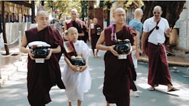 A group of Buddhist monks wearing traditional maroon and white robes walks down a street carrying alms bowls. The background shows other people and trees lining the sidewalk, creating a serene atmosphere.