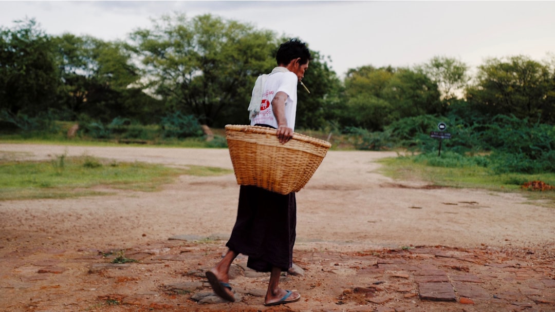 person in white top holding brown wicker basket