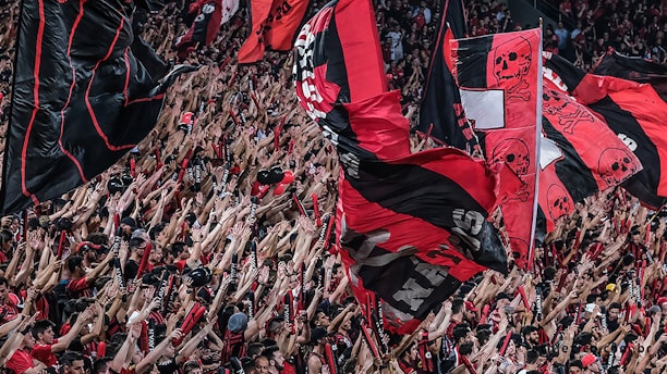 A large crowd of enthusiastic sports fans wave numerous flags in the air. The flags predominantly feature red and black colors, with some having skull motifs. The crowd is densely packed, with many people raising their arms in excitement.