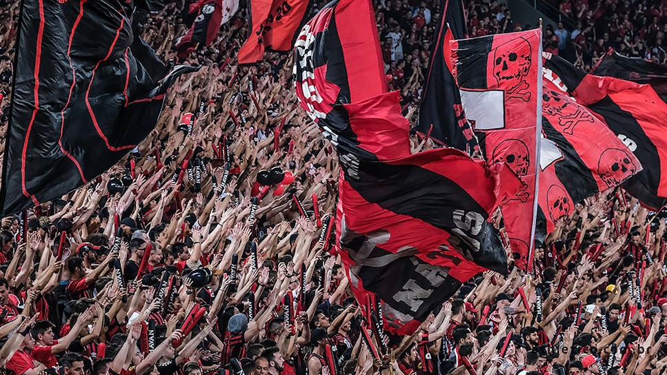 A passionate Flamengo fan cheering in the stadium with red and black flags waving.