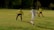 Three soccer players are engaged in an active game on a grassy field at night. One player in a white uniform with 'Tecate' and the number 13 printed on the back is moving towards another player in a yellow jersey and blue shorts, who appears to be in a defensive stance. A third player, also in a yellow jersey and red shorts, is watching the action from a distance. The field is partially lit, and there are trees and a fence in the background.