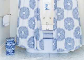 white and blue shower curtain