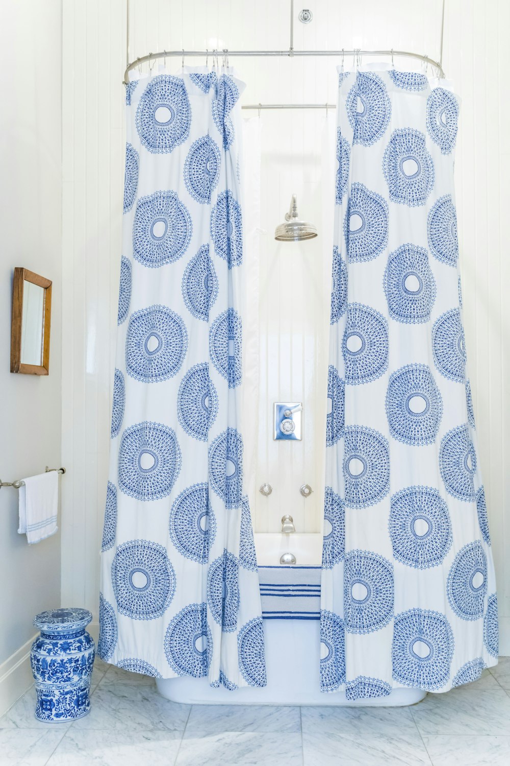 white and blue shower curtain