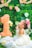 A young child in a white, frilly dress with floral decorations is sitting on a grassy area. The child is adorned with a headband featuring pink roses. The background is lush with greenery and decorated with soft pink and orange flowers, including a large number one made out of flowers, suggesting a first birthday celebration. The child appears to be joyfully gazing upwards, with a butterfly hovering nearby.