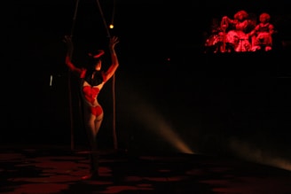 A trapeze artist is suspended in the air in a dimly lit space, illuminated by a spotlight. The artist is wearing a form-fitting costume with a bright pattern. In the background, a group of figures sits in darkness, with a red light casting a glow on them, creating a dramatic and mysterious atmosphere.