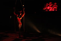 A trapeze artist is suspended in the air in a dimly lit space, illuminated by a spotlight. The artist is wearing a form-fitting costume with a bright pattern. In the background, a group of figures sits in darkness, with a red light casting a glow on them, creating a dramatic and mysterious atmosphere.