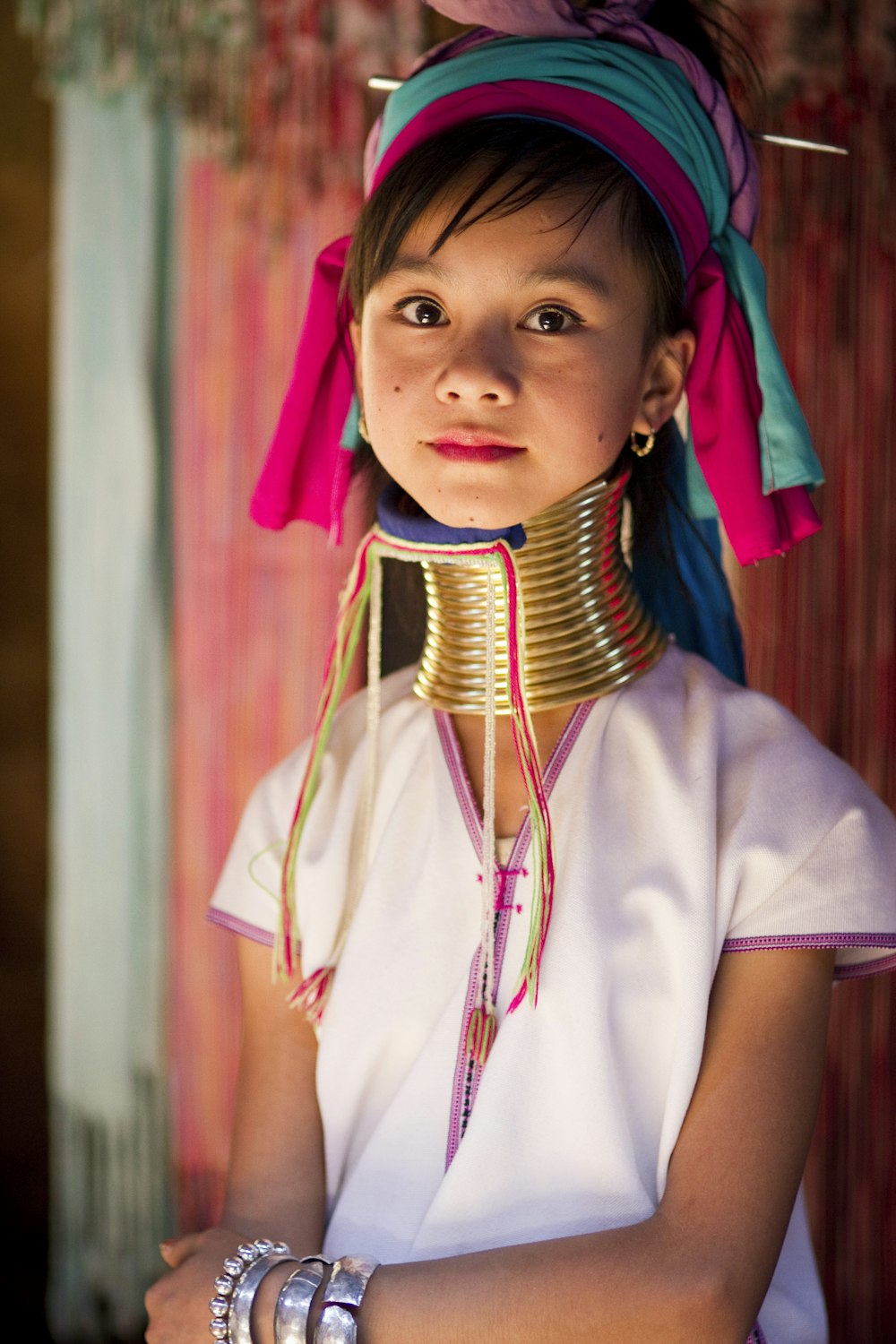 woman wearing white and purple shirt