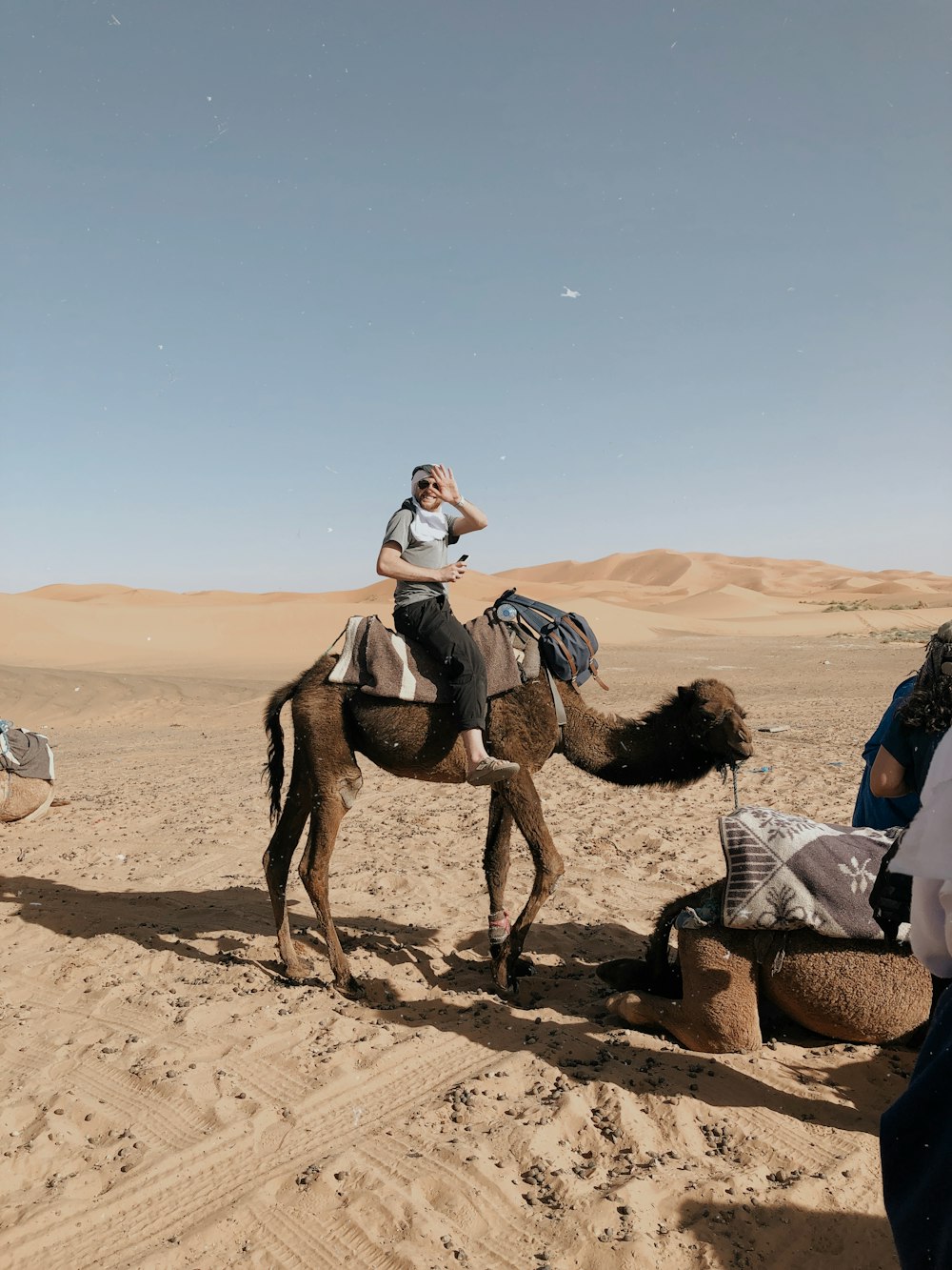 man riding brown camel while waving his hand during daytime