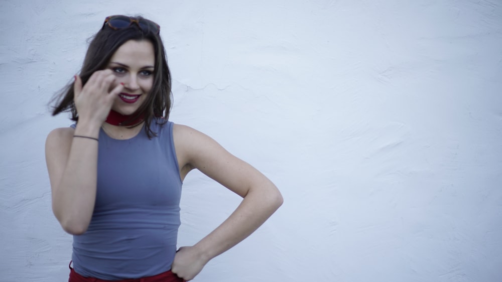 woman in blue tank top