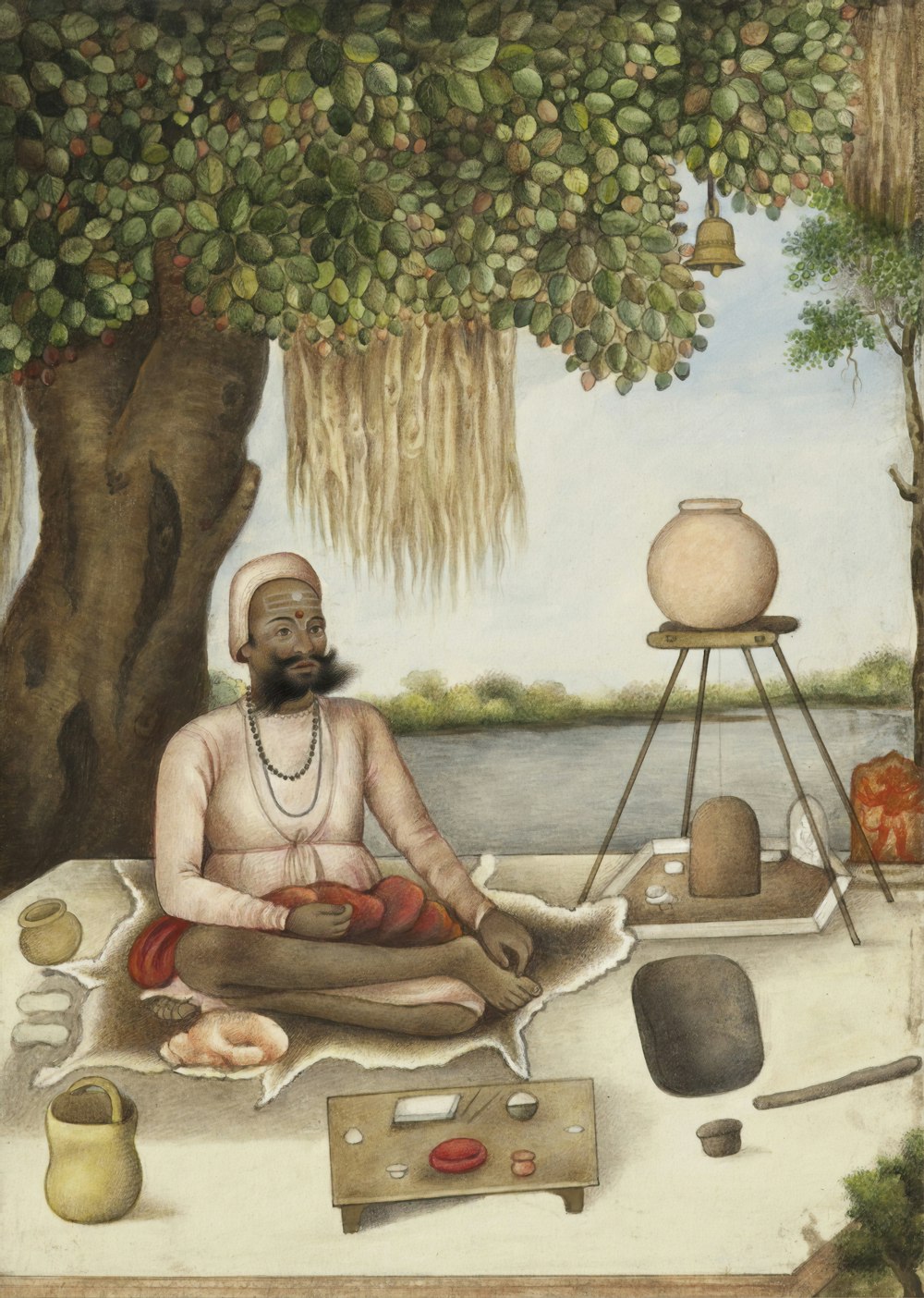 Homme assis à côté de la peinture de la rivière