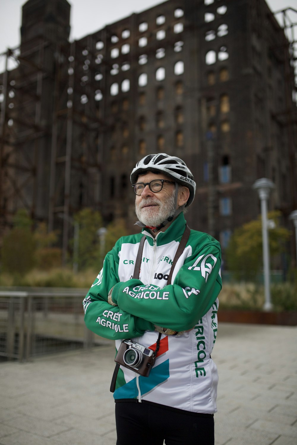 man wearing bicycle helmet