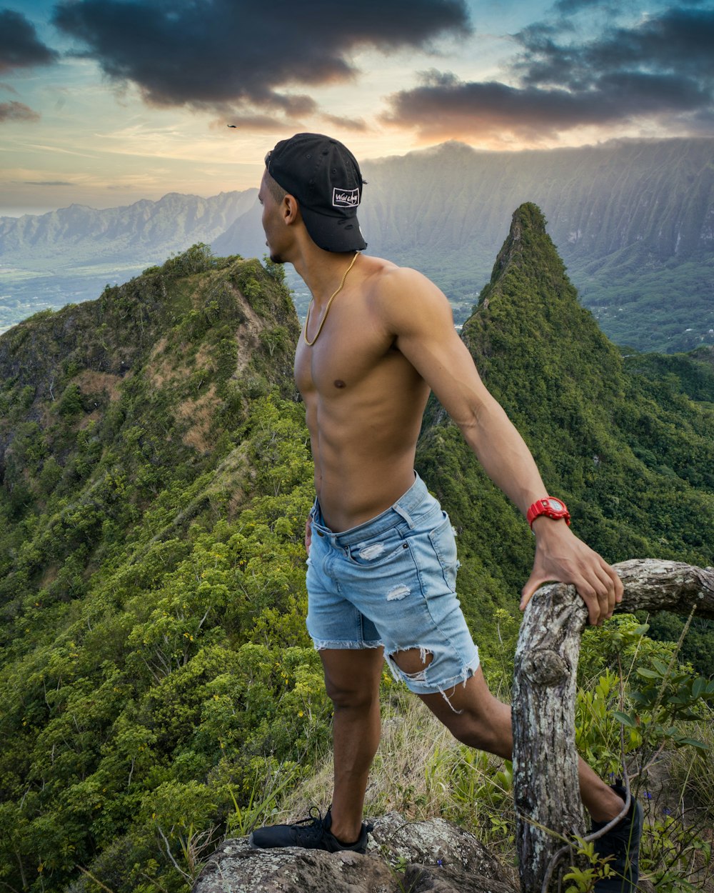 man standing on cliff holding onto branch