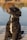 A black, curly-haired dog sits attentively on a wooden dock next to a calm body of water. The background displays soft-focus autumn foliage with vibrant shades of orange, yellow, and green reflecting in the water.