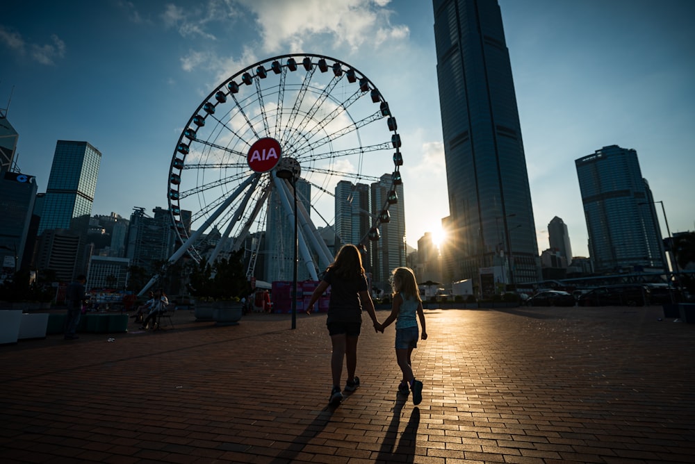 people near buildings and Ferris wheel during day