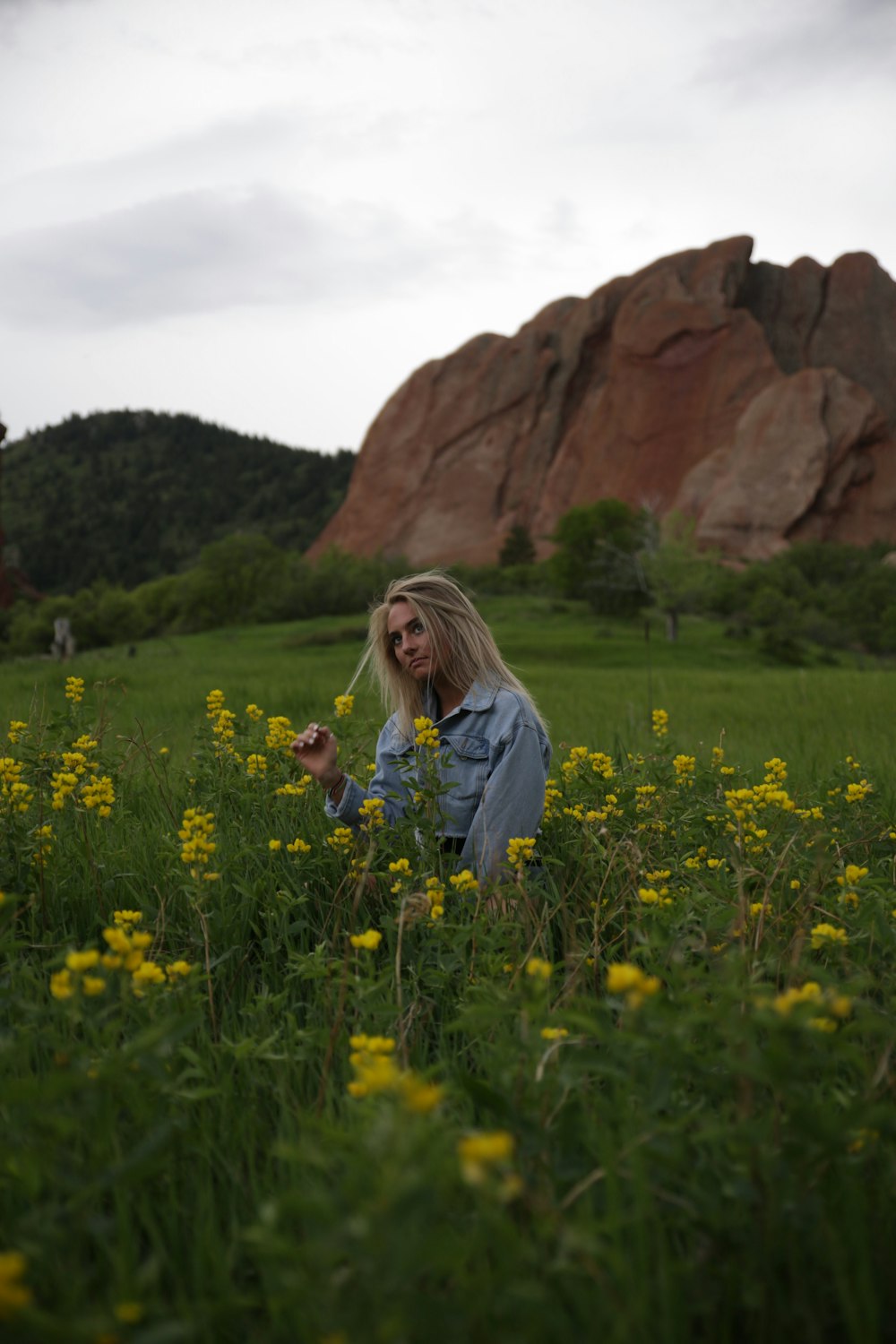 a woman sitting in a field of yellow flowers