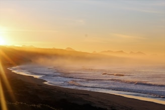 A serene coastal scene at sunrise with gentle waves sparkling under soft golden light.