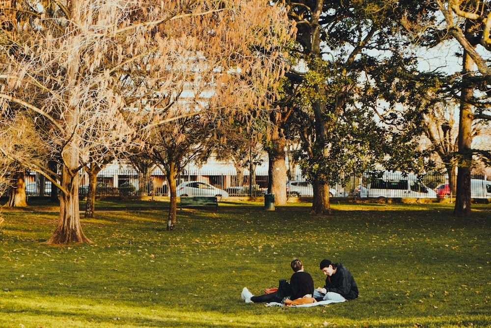 two men sitting on grass field