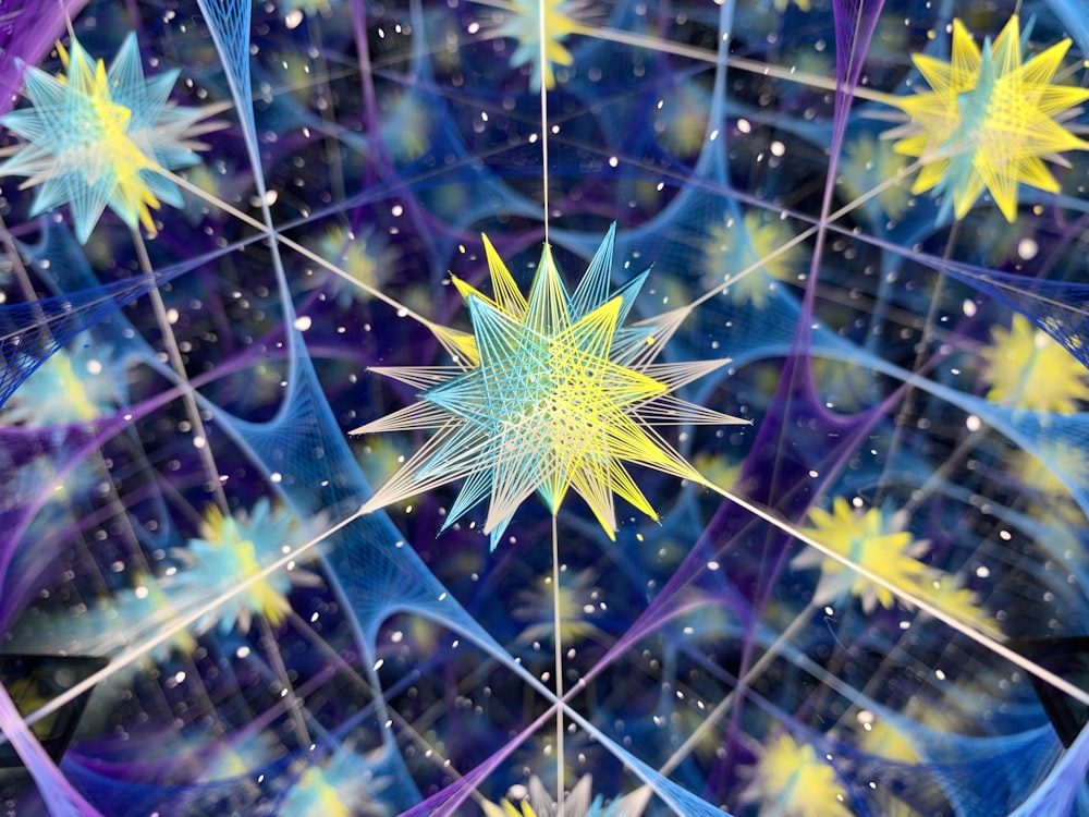 a star in the middle of a blue and yellow background