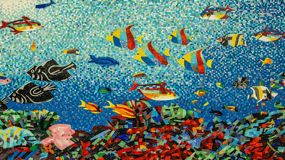 shoal of assorted-type fish cubism-painting digital wallpaper