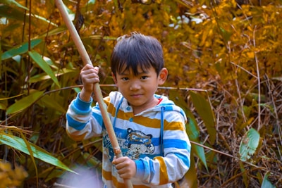 A young child stands in a natural setting, surrounded by lush, golden-yellow foliage. The child is wearing a striped hooded sweatshirt with white, blue, and yellow colors and is holding a wooden stick with both hands. The expression on the child's face is one of curiosity and engagement.