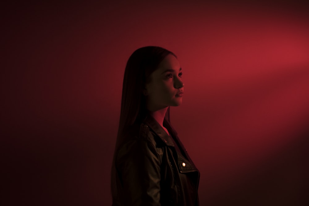 woman in black leather jacket