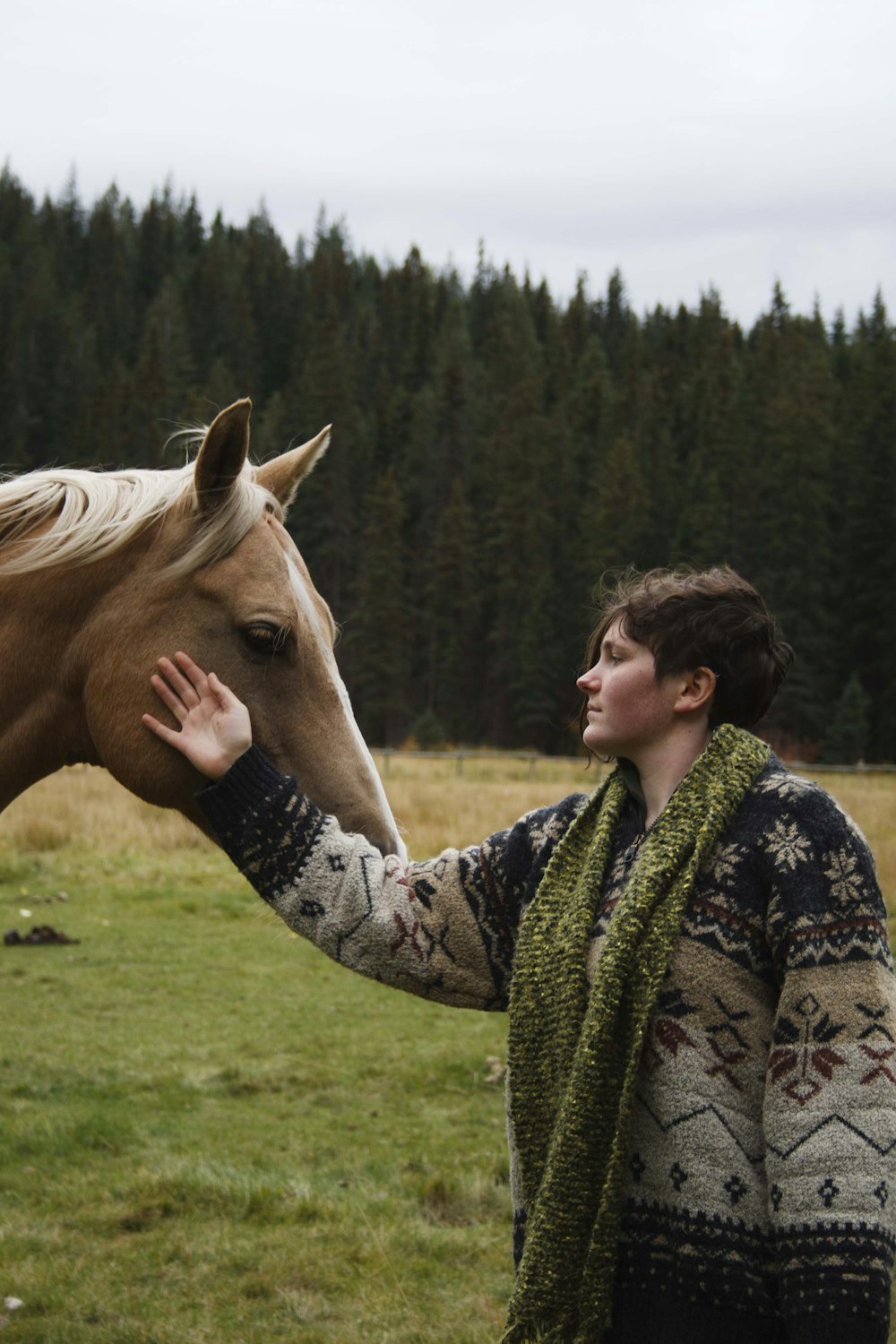 woman in black and green floral long sleeve shirt riding brown horse during daytime