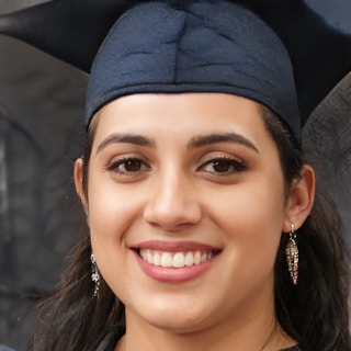 A person is smiling while wearing a dark blue graduation cap and gown. The individual has long hair and is adorned with earrings.